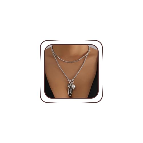 Unique Black Geometric Oval Rhinestone Pearl Pendant Necklace, Vintage Punk Long Leather Rope Choker for Women Trendy Silver Sweater Chain Jewelry Gift - color: Silver