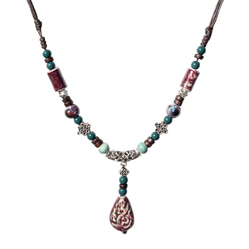 Adjustable Ceramic Beaded Necklace for Women, Boho Handmade Flower Pendant Necklace, Hippie Jewelry for Mom and Wife - color: Deep Green and Red, style: Bohemian