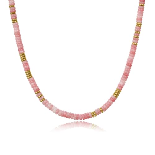 KissYan Boho Beaded Choker Necklace for Women, Gemstone Choker Natural Stone Freshwater Pearl Surfer Necklaces 14K Gold Plated Summer Beach Handmade Jewelry - color: M-Rose
