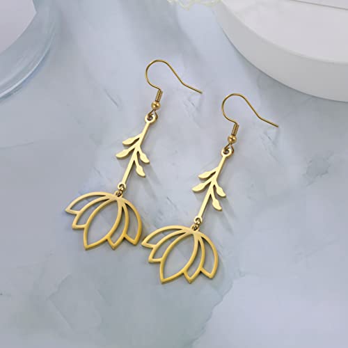 TEAMER Stainless Steel Lotus Flower Dangle Earrings Bohemian Drop Earring Unique Geometric Jewelry for Women - color: Lotus 1-Gold