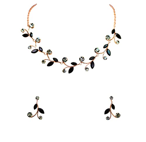 Faship Gorgeous Rhinestone Crystal Floral Necklace Earrings Set - color: Black / Rose gold plated