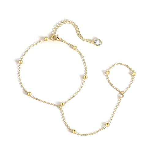 BAYLAY Hand Chain Bracelet, 14K Gold Plated Ring Bracelet Hand Chain Dainty Gold Bracelet for Women Trendy Finger Ring Slave Bracelets Hand Jewelry for Women Summer Beach Boho Gifts Trendy Stuff - color: Beads