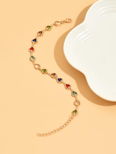 Heart Anklets for Women Crystal Tennis Chain Foot Jewelry Rhinestone Ankle Bracelets for Summer Beach Party - color: Gold/Deep Multicolor