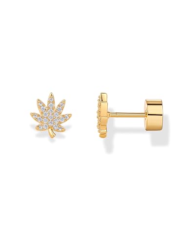 PAVOI 14K Gold Plated Dainty Flat Back Earrings for Women - Hypoallergenic Sterling Silver Posts Helix Cartilage Piercing Jewelry - Emoji Motif Bow Celestial Flatback Gold Stud Earrings Screw Back - style: Leaf