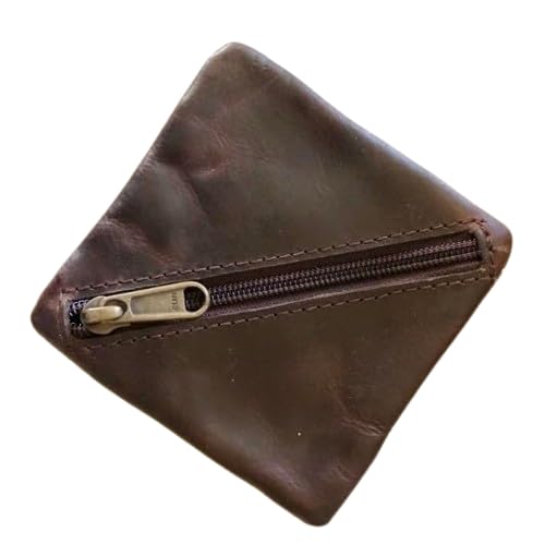 Leather Coin Pouch, Leather Zippered Change Holder, Compact Change Holder and Mini Pocket Wallet for Men & Women Handmade Purse Organizer (Brown)
