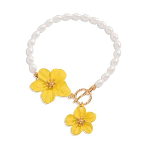 Flower Anklets for Women Trendy Flower Ankle Bracelet Boho Floral Anklet Summer Beach Anklets Jewelry for Women - color: Pearl Chain Yellow