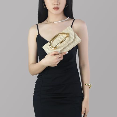 Straw Clutch Purses for Women,Summer Beach Bag,Woven Evening Handbags with Chain,Trendy Metal Handle Purses 2026 - color: Khaki