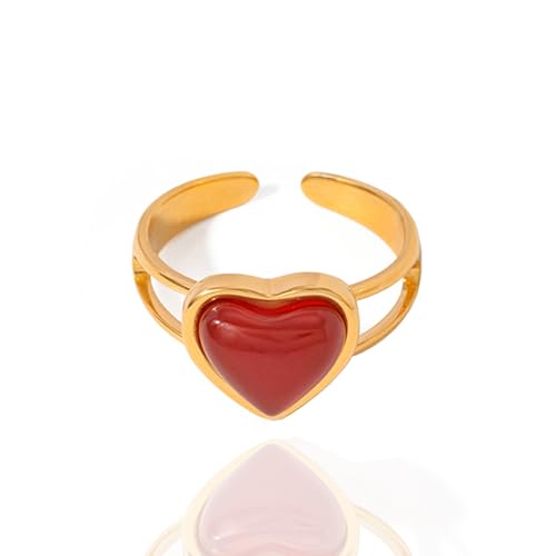 Boho Red Heart Gold Band Rings Pearl Ring, Dainty Adjustable Statement Rings, Open Wrap Stackable Finger Ring Gold Fashion Jewelry Gifts for Women - color: Gold Ring - Red Heart