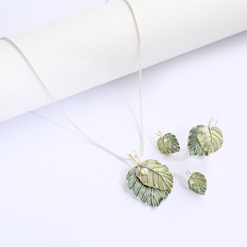 Vintage Chunky Statement Jewelry Set Retro Leaf Floral Geometric Bohemian Boho Bib Necklace Earring Set Fashion Costume Jewelry for Women Girls Wedding Party Prom Unique Gift - style: 2 leaves pearl JS Ring silver green