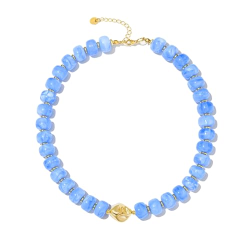 Chunky Beaded Statement Necklace for Women Trendy Colorful Boho Resin Bead Choker Necklaces Summer Handmade Jewelry Gifts Accessories - color: Gold-blue 2