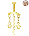 Crescent Moon Star Chain Vertical Hidden Helix Stud Earrings Dangle 316L Stainless Steel Flat Back Threadless Push-Pin Cartilage Rook Piercing Jewelry - color: gold