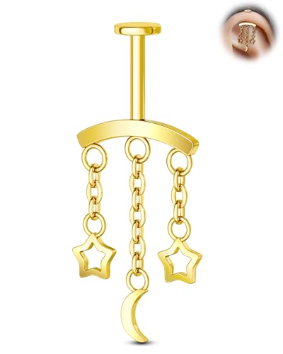 Crescent Moon Star Chain Vertical Hidden Helix Stud Earrings Dangle 316L Stainless Steel Flat Back Threadless Push-Pin Cartilage Rook Piercing Jewelry - color: gold