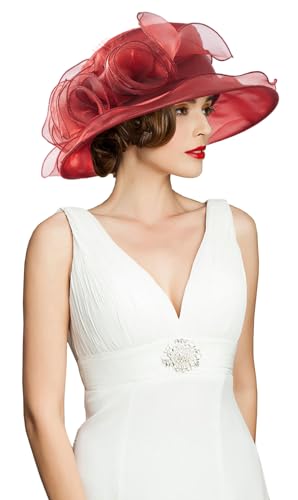 Women's Kentucky Derby Church Dress Hat Wide Brim Leaf Flower Bridal Shower Hat - color: A10 Winered