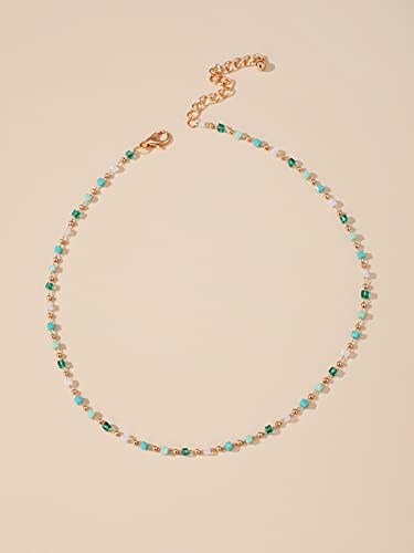FUTIMELY Bohemia Green Beaded Beads Choker Necklace for Women,Simple Fresh Green Beaded Square Round Bead Choker Necklace - color: Gold