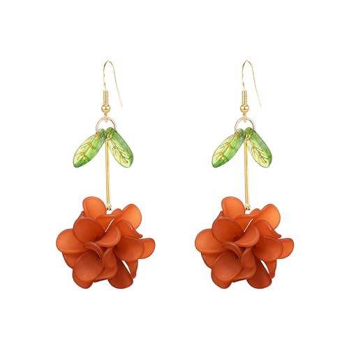 Resin Flower Cluster Ball Dangle Drop Earrings for Women Spring Summer Bohemian Floral Petal with Green Leaf Earrings Vacation Party Jewelry - color: Brown