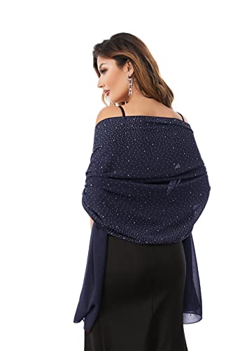 Shawls and Wraps for Evening Dresses Sheer Chiffon Women Elegant Soft Silky Sparkly Wedding Bridal Scarf - color: Navy C