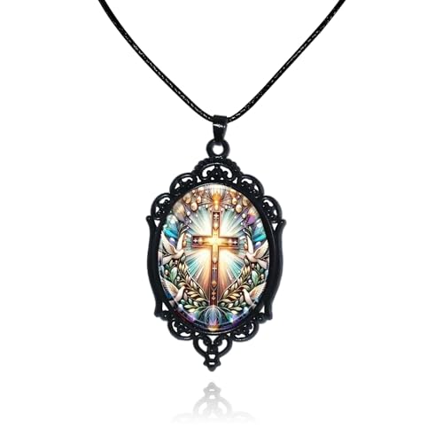 Halloween Gothic Witch Necklaces Cross Glass Pendant Necklace for Women Punk Vintage Black Dark Oval Cameo Necklace Witch Emo Necklaces Halloween Jewelry Witch Accessories 2025 - style: Cross