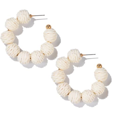 Raffia Hoop Earrings Statement Boho Beaded Earrings Cute Rattan Handmade Colorful Jewelry for Women Unique Summer Outfits - color: Ivory