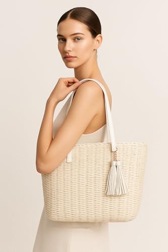 YXILEE Straw Bags For Women | M Size Travel Straw Totes Bag Woven Summer Handmade Shoulder Bag Handbag - color: White