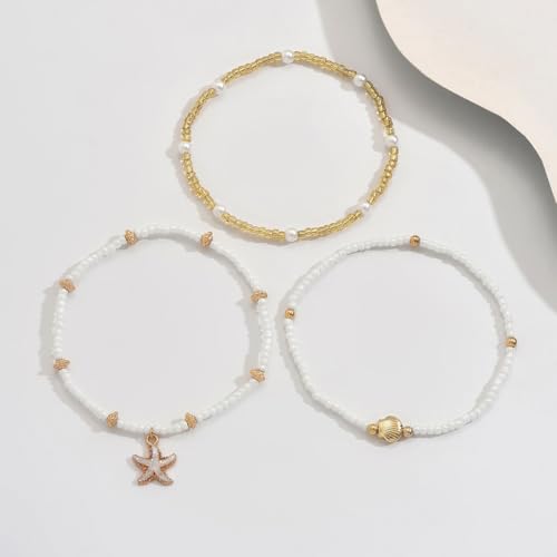 INENIMARTJ Shell Anklet Bracelet for Women Gold and White Beaded Elastic Stack Ankle Bracelet Hawaiian Beach Seashell Starfish Anklet Puka Shell Starfish Foot Jewelry for Women Beach Accessories - style: style A