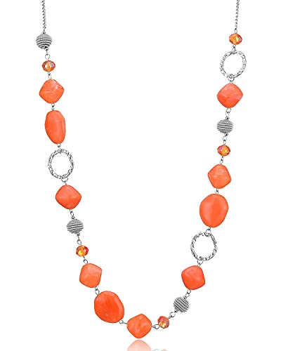 BULINLIN Beaded Long Necklace for Women Silver Sweater Chain Necklace with Crystal Resin Beads, Fashion Jewelry Necklace - color: 53-Dark light orange