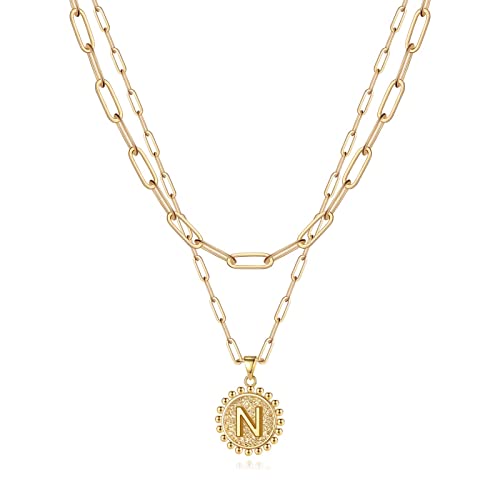 Yoosteel Layered Initial Necklaces for Women Trendy - 14K Gold-Plated Dainty Layering Paperclip Chain Coin Initial Necklace Jewelry Gifts for Women Mom Wife Teen Girls - color: Gold, style: N