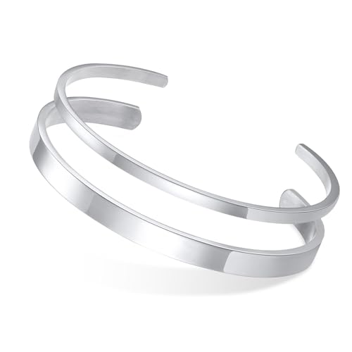 MEALGUET Stainless Steel Mens Cuff Bracelet : Minimal Cool Silver/Black/Gold Plated Open Metal Cuff Bangle Bracelets for Men,Mens Bracelet Jewelry Gift - color: Silver-2-Pack, size: Medium( fit 5.5"-7.2" wrist)