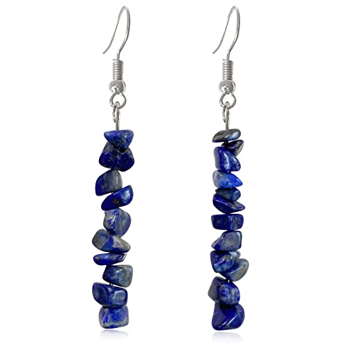 Handmade Bohemian Vintage Silver Nature Stone Beads Long Dangle Drop Earrings for Women - color: Navy Black