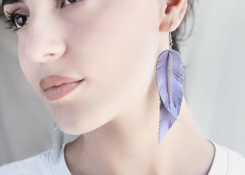 Black shiny Leather Feather Earrings for Women, Lightweight Minimal Boho Dangle Earrings, Small Simple Everyday Jewelry - color: Light Purple