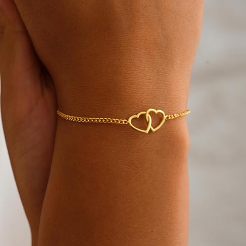 SLOONG Gold Pearl Bracelets for Women Trendy, 14K Gold Plated Dainty Stackable Layered Chain Bridesmaid Bracelets, Waterproof Wedding Jewelry for Women Adjustable 6"+2" - color: Style9(Heart)