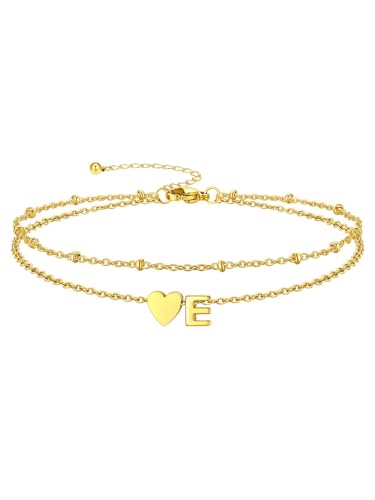 Silvora Ankle Bracelets for Women Waterproof 14K Gold/Silver/Black Initial Anklet for Women Dainty Layered Heart Ankle Bracelets Stainless Steel Adjustable Foot Chain Anklet Summer Beach Jewelry - color: Gold-14K Gold Plated, size: 05.E