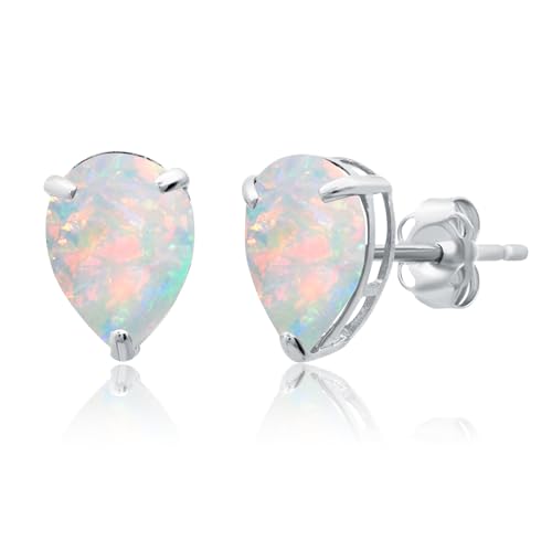 14k Yellow or White Gold Teardrop Gemstone Pear Shape Stud Earrings for Women with Push Backs and 8mm x 6mm Birthstone by MAX + STONE - color: Created Opal