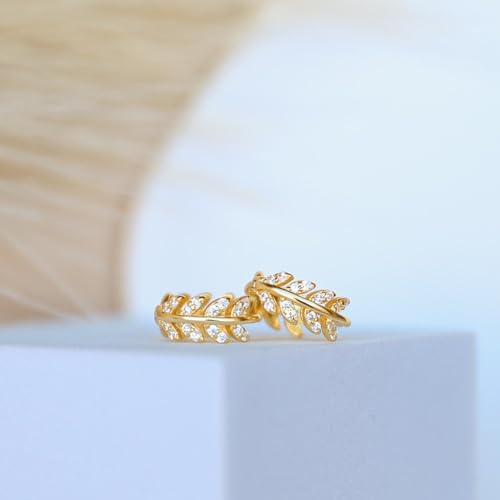 14K Gold Huggie Earrings for Women Silver Huggie Hoop Earrings Cubic Zirconia Huggie Earrings Stud Earrings Lightweight Dainty Hypoallergenic Earrings Jewelry Gifts - color: Gold Olive Leaf CZ Huggie Earrings