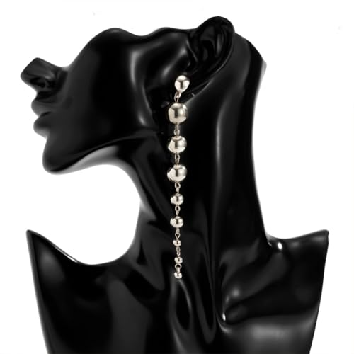 Dainty Gold Beaded Ball Dangly Earrings for Women, Statement Simple Silver Round Beads Long Tassel Drop Dangle Earring Party Prom Accessories Jewelry Gift - color: Silver