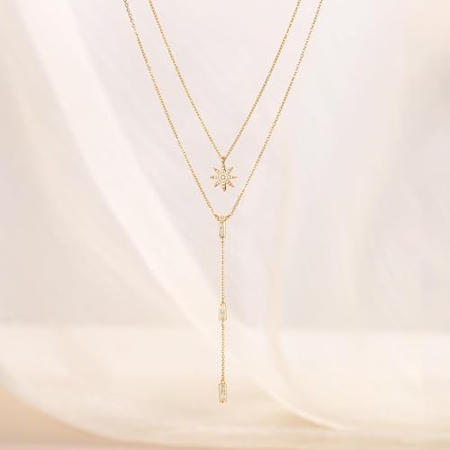 CHESKY Long Necklaces for Women, 14k Gold Plated/Streling Silver Lariat Necklace Dainty Statement Prom Necklace Rosary Cross Sun Drop Pendant Dangle Necklace Gold Prom Jewelry for Women Gifts - style: y necklace 08
