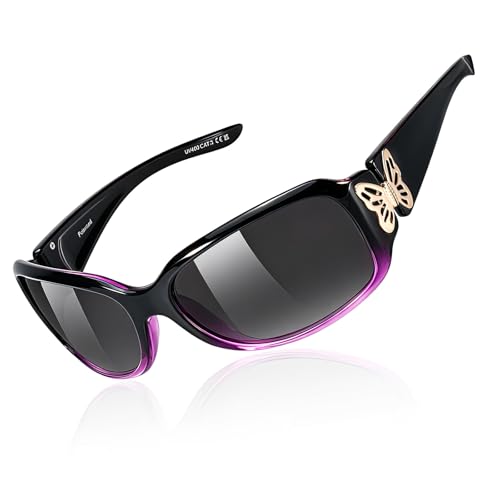 TJUTR Polarized Sunglasses for Women with Wrap Around Butterfly Design, Trendy Jackie-O Style for UV400 Protection - color: A7 Gradient Purple Frame Grey Lenses