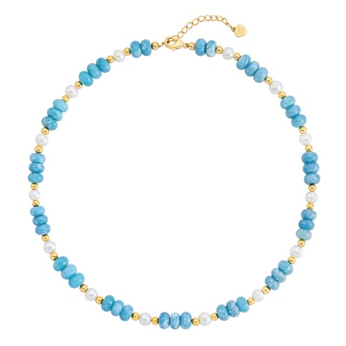 CANEVINKA Bohemian Beaded Choker Necklace 18K Gold Plated Bead Pendant Necklace Vintage Handmade Jewelry for Women - style: Blue Beaded Pearl
