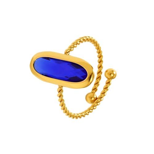 18K Gold Plated Adjustable Twisted Rings for Women Non Tarnish Oval Czech Glass Stone Stainless Steel Statement Rings Open Gemstone Boho Stackable Band Jewelry - color: Royal Blue