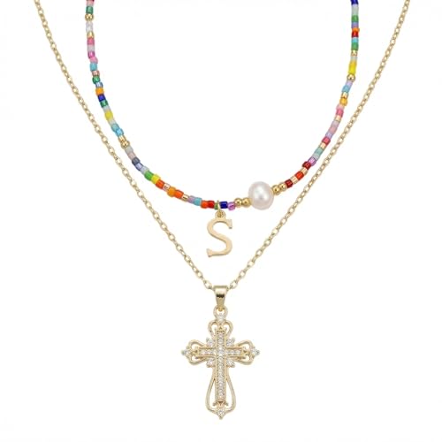 Colorful Pearl Beaded Initial Choker Necklaces for Women, Boho Handmade Personalized Seed Beads Letter Name Necklace Beach Surfer Bohemian Jewelry Gift - color: Cross S