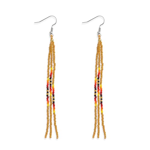 Native Long Beaded Tassel Earrings for Women, Boho Handmade Colorful Beads Statement Dangle Earing Prom Jewelry Gift. - color: Tan