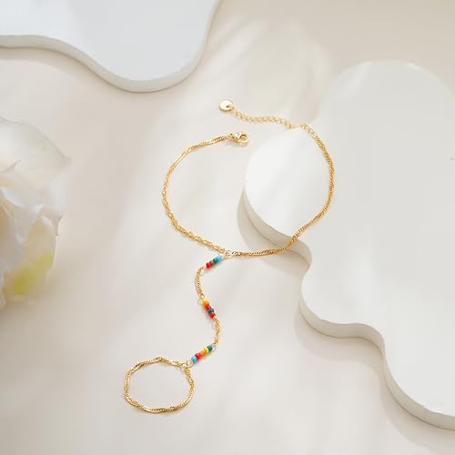 Hand Chain Bracelets for Women - 14K Real Gold Plated Dainty Stackable Paperclip Link Bracelets Hand Chain Bracelet Ring Gold Bracelets for Women Trendy - color: Colorful Singapore Hand Chain