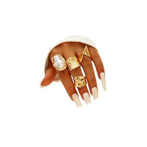 Chunky Gold Irregular Rings Stack Set for Women Statement Baroque Pearl Flower Stackable Knuckle Finger Ring Non Tarnish Boho Hammered Jewelry Gifts - color: Gold