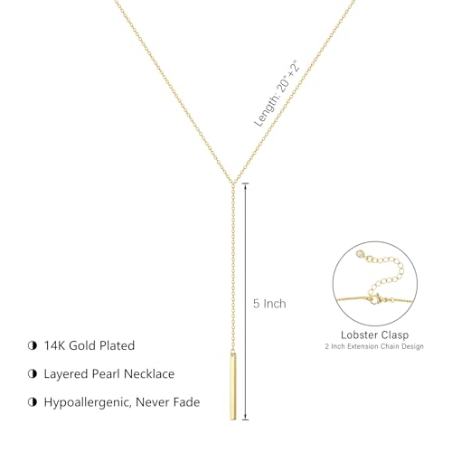 HAXIYA Lariat Gold Necklace for Women Dainty Long Necklace 14K Gold Plated/Silver Y-Shaped Pendant Drop Chain Layered Pearl/Beaded/CZ Necklaces Gold Jewelry Gift for Prom/Wedding - style: Bar - Gold