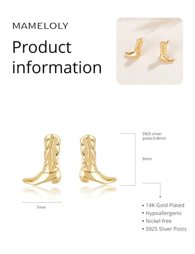 Mameloly Cowgirl Earrings for Women CZ 14K Gold Plated Western Cowboy Hat Dangle Hoop Earrings Cute Jewelry Hypoallergenic - color: Boot Stud