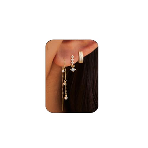 Trendy Zircon Tassel Chain Threader Earrings Set for Women Chain Dangle Earrings Dainty Rhinestone Hoop Earrings Set for Women Stack Jewelry Long Drop Ear Line - color: Gold-one ear-B