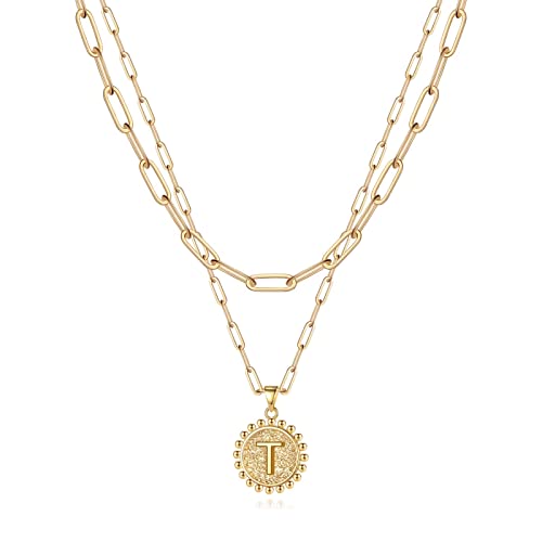 Yoosteel Layered Initial Necklaces for Women Trendy - 14K Gold-Plated Dainty Layering Paperclip Chain Coin Initial Necklace Jewelry Gifts for Women Mom Wife Teen Girls - color: Gold, style: T