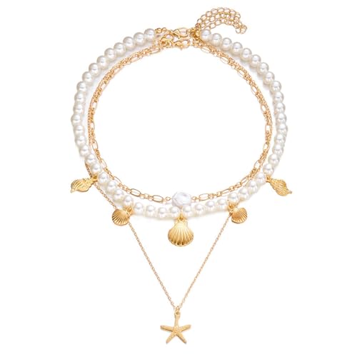 Boho Multi-layered Shell Starfish Necklace Layered Pearl Pendant Choker Necklace Fashionable Clavicle Chain Necklace Seaside Beach Vacation Jewelry for Women - color: Starfish2