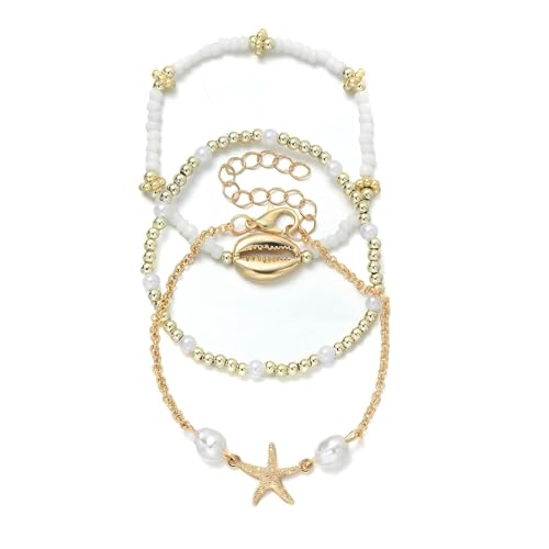 Shell Bracelet,Gold Plated Starfish Ankle Bracelets for Women Waterproof Stack Beaded Anklet Boho Hawaiian Vacation Beach Jewelry Gifts - style: starfish
