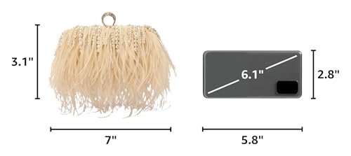 Women Real Natural Ostrich Feather Evening Bags Purses Clutch Vintage Banquet Handbag - color: Champange With Pearl