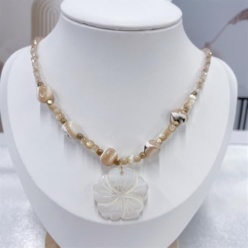 NewZenro Boho Shell Flower Beaded Pendant Necklace for Women Dainty Floral Natural Stone Choker Necklaces Adjustable Chain Fashion Summer Holiday Patry Jewelry for Her